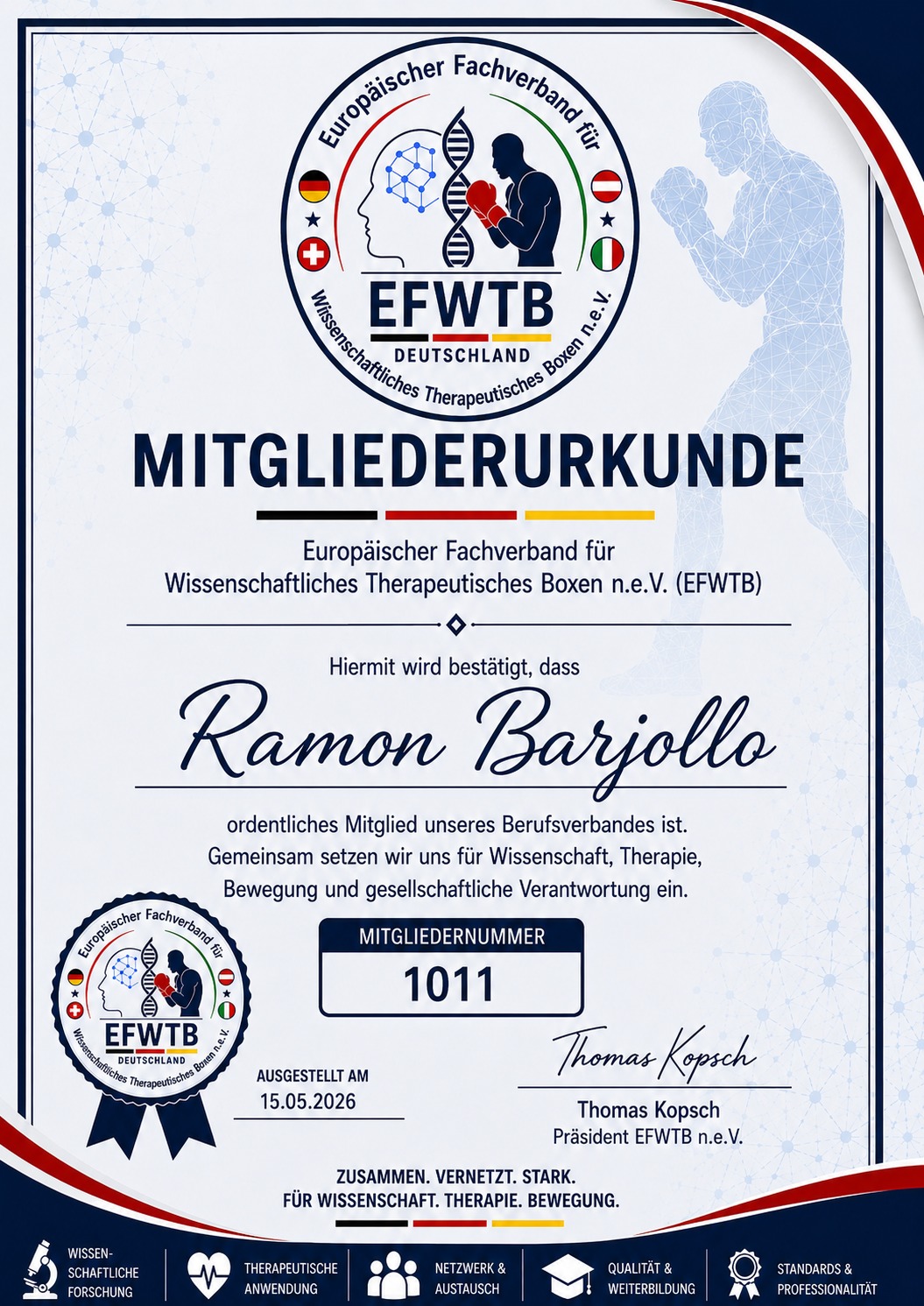 Offizielle EFWTB Mitgliederurkunde für Ramon Barjollo